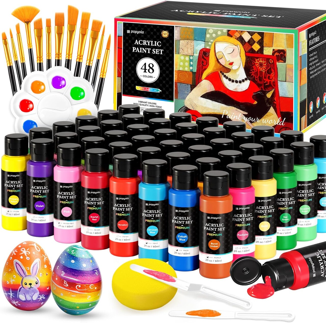 64 PCS Acrylic Paint Set with 12 Brushes, 2 Knives-48 Colors Art Craft Paints